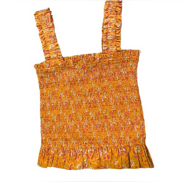 WAYF Smocked Ruffle Hem Top, Orange Yellow Floral Print 100% Cotton, Size Medium - Picture 4 of 12